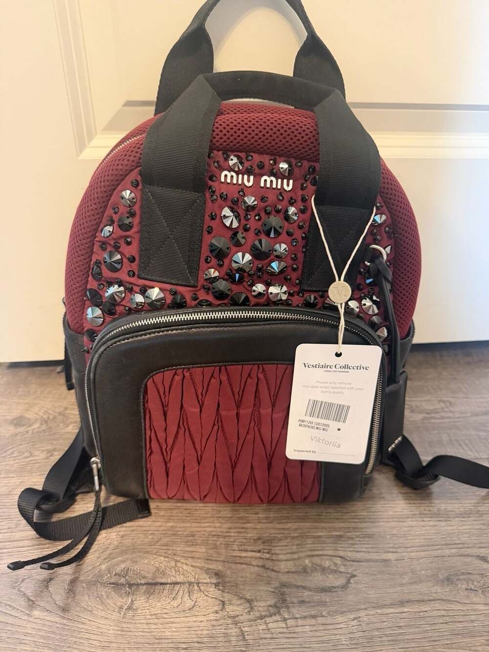 Miu Miu Crystal Embellished Matelassé Nylon and Leather Backpack in Burgundy
